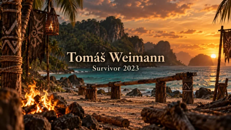 AI ilustrace tropického ostrova se jménem TomĂˇĹˇ Weimann a nápisem Survivor 2023