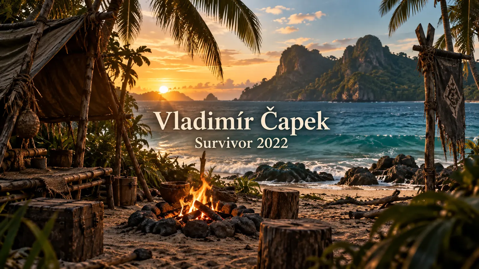 AI ilustrace tropického ostrova se jménem VladimĂr ÄŚapek a nápisem Survivor 2022