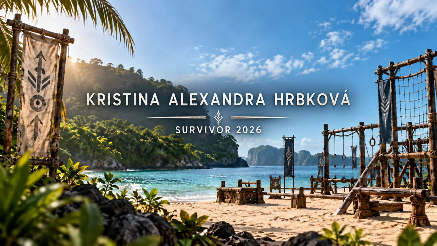 AI ilustrace tropické soutěžní pláže s titulky Kristina Alexandra Hrbková a Survivor 2026, bez podoby soutěžící