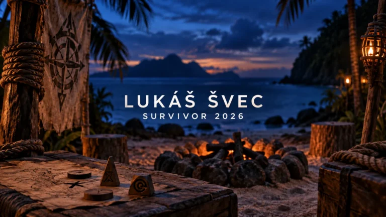 AI ilustrace tropického tábora s titulky Lukáš Švec a Survivor 2026, bez podoby soutěžícího