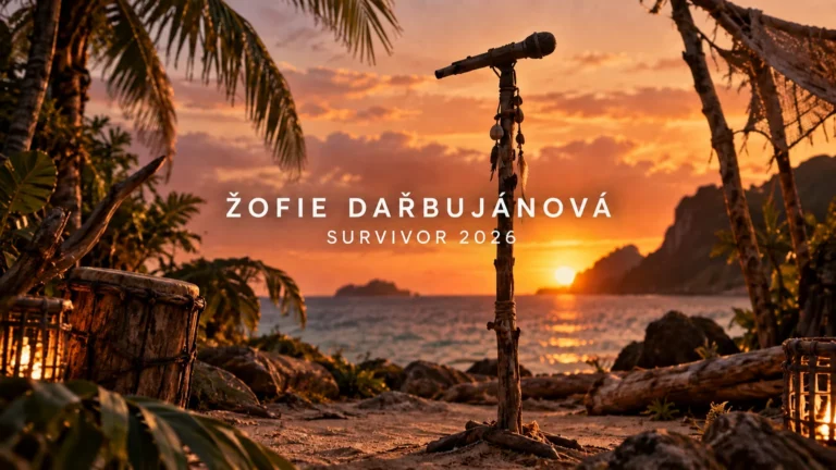 AI ilustrace tropického tábora s titulky Žofie Dařbujánová a Survivor 2026, bez podoby soutěžící