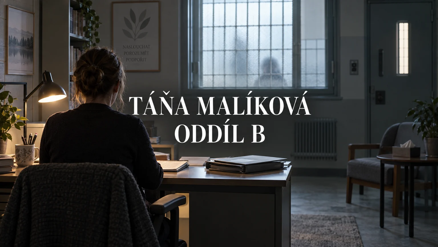 AI ilustrace anonymní postavy ve vězeňské pracovně s vystředěnými titulky Táňa Malíková a Oddíl B; nejde o podobu herečky