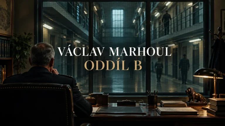 AI ilustrace anonymní postavy v kanceláři ředitele věznice s vystředěnými titulky Václav Marhoul a Oddíl B; nejde o podobu režiséra