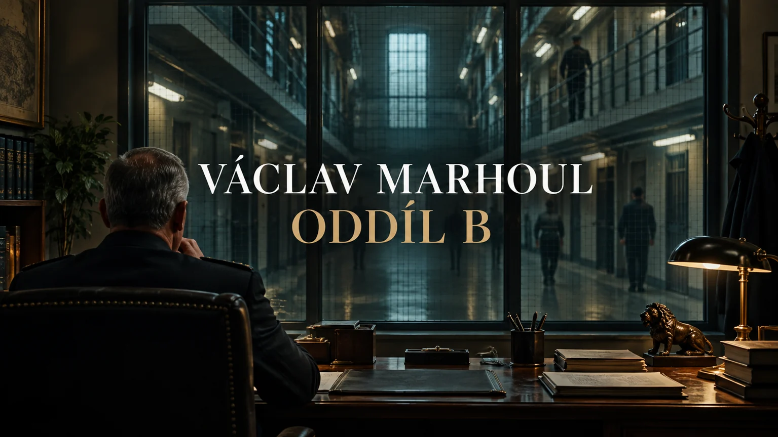 AI ilustrace anonymní postavy v kanceláři ředitele věznice s vystředěnými titulky Václav Marhoul a Oddíl B; nejde o podobu režiséra