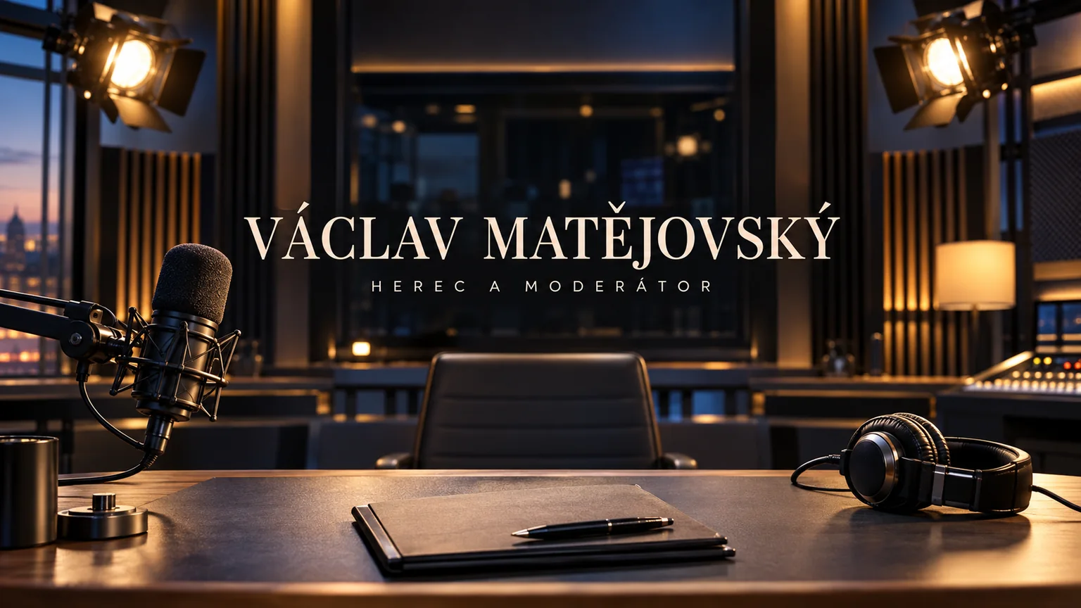 Redakční AI ilustrace prázdného rozhlasového a televizního studia se jménem Václav Matějovský a malým označením Herec a moderátor; bez vyobrazení osoby