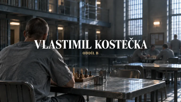 AI ilustrace anonymní postavy ve vězeňské společenské místnosti s vystředěnými titulky Vlastimil Kostečka a Oddíl B; nejde o podobu účinkujícího