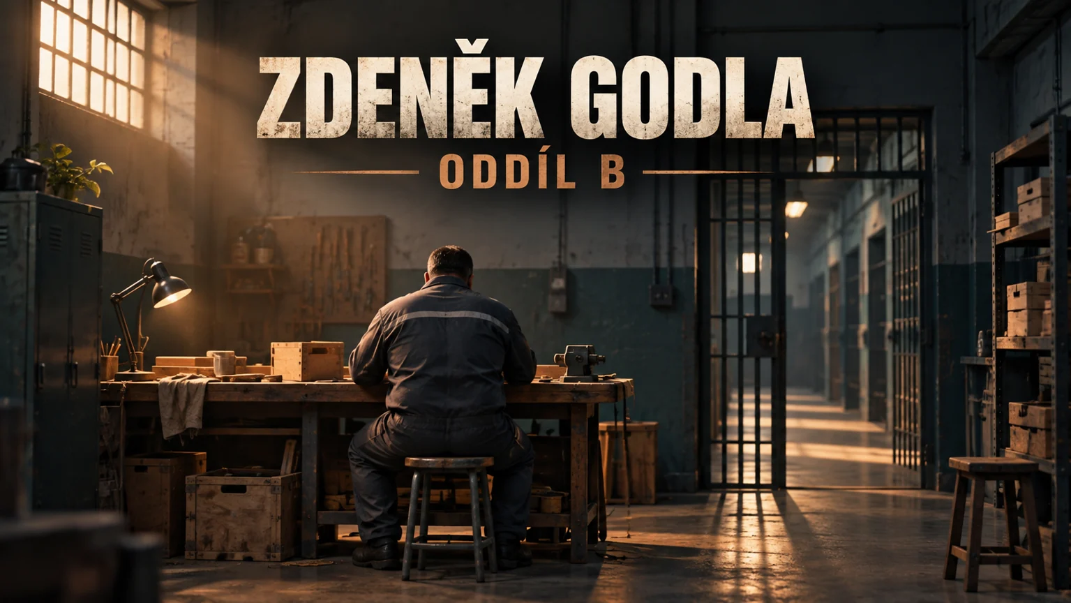 AI ilustrace anonymní postavy ve vězeňské dílně s titulky Zdeněk Godla a Oddíl B; nejde o podobu herce