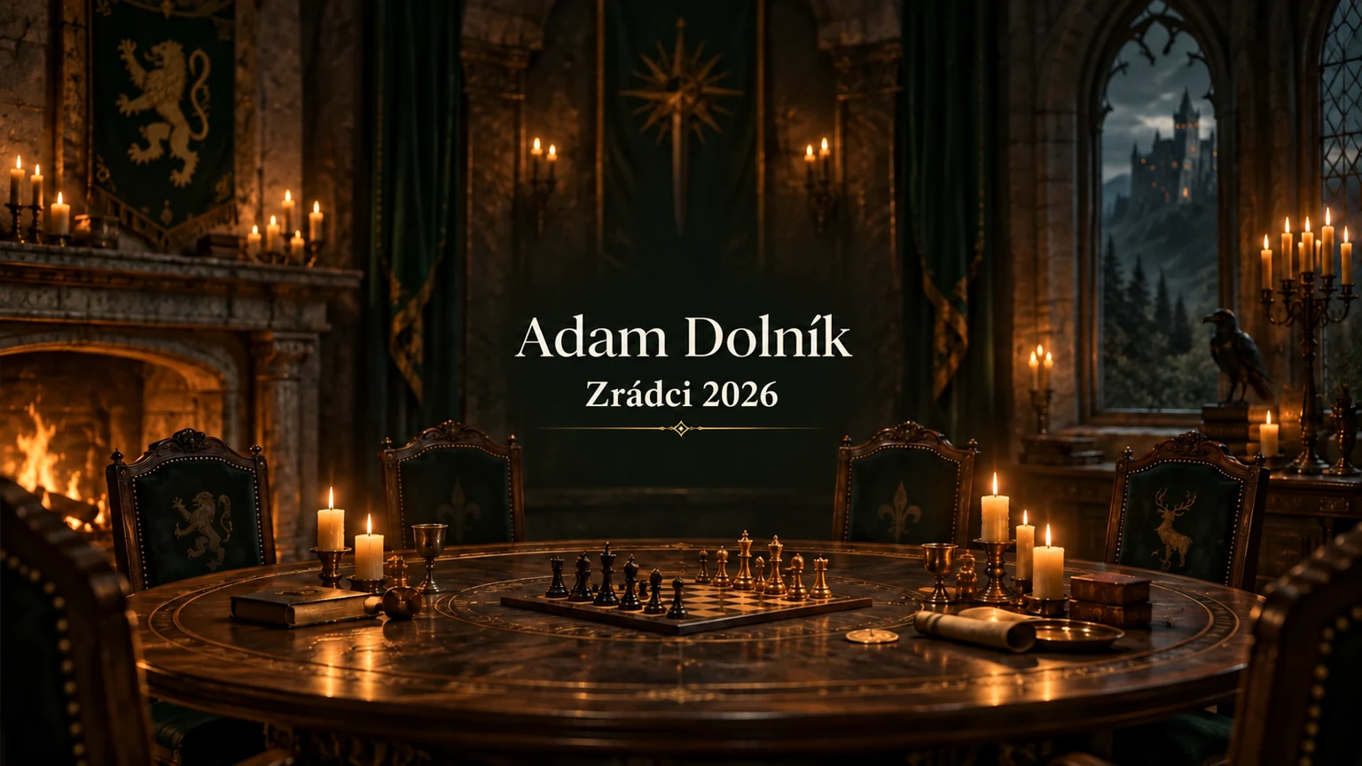 AI ilustrace hradního prostředí se jménem Adam Dolník a nápisem Zrádci 2026