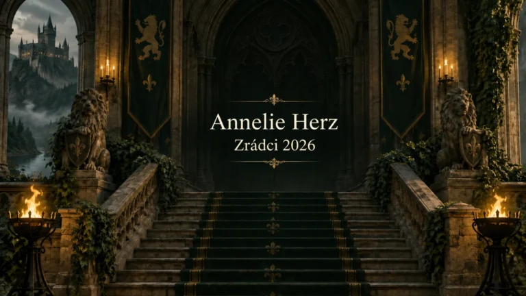 AI ilustrace hradního prostředí se jménem Annelie Herz a nápisem Zrádci 2026