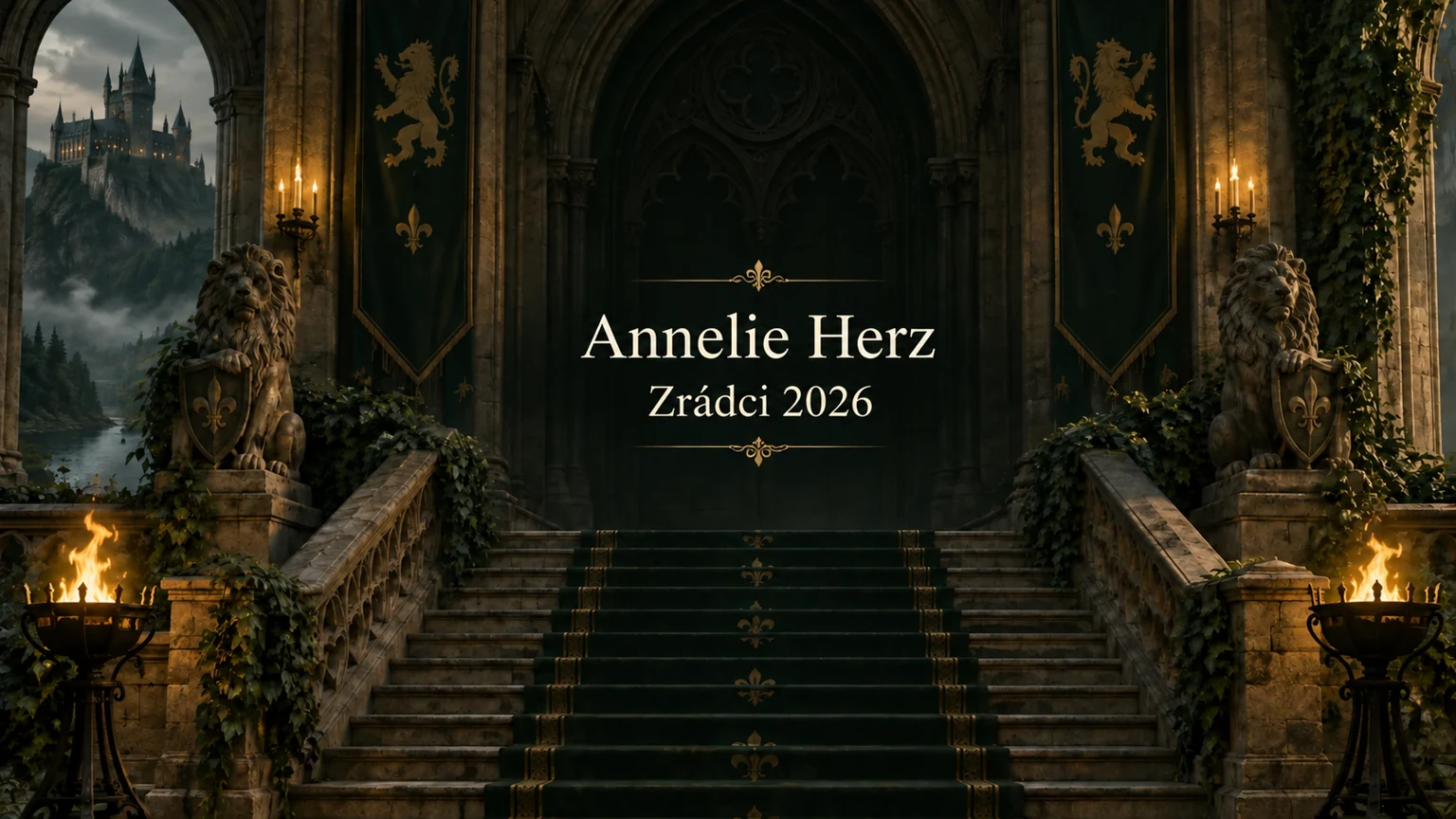 AI ilustrace hradního prostředí se jménem Annelie Herz a nápisem Zrádci 2026