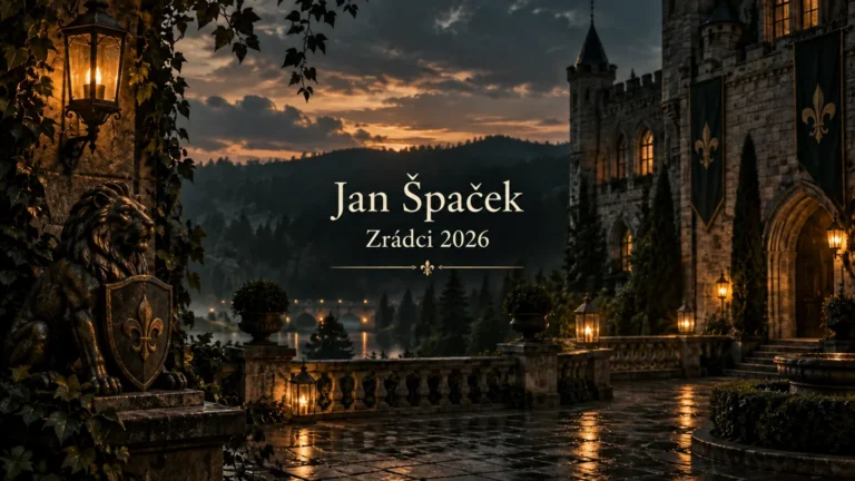 AI ilustrace hradního prostředí se jménem Jan Špaček a nápisem Zrádci 2026