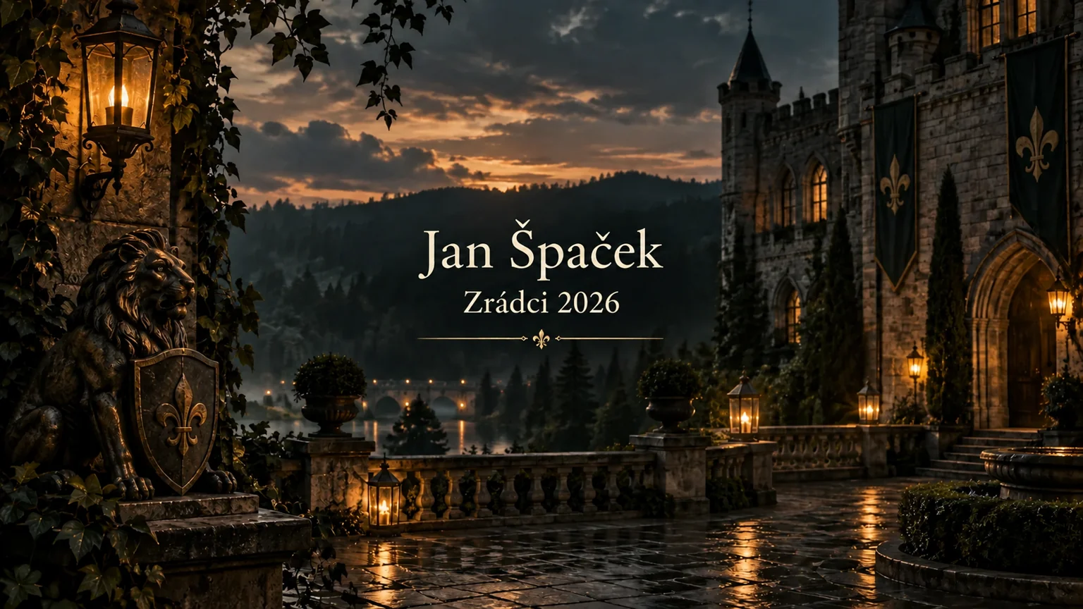 AI ilustrace hradního prostředí se jménem Jan Špaček a nápisem Zrádci 2026
