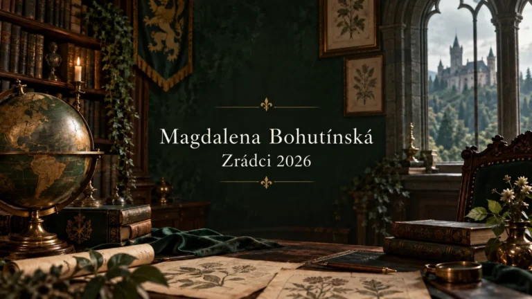 AI ilustrace hradního prostředí se jménem Magdalena Bohutínská a nápisem Zrádci 2026
