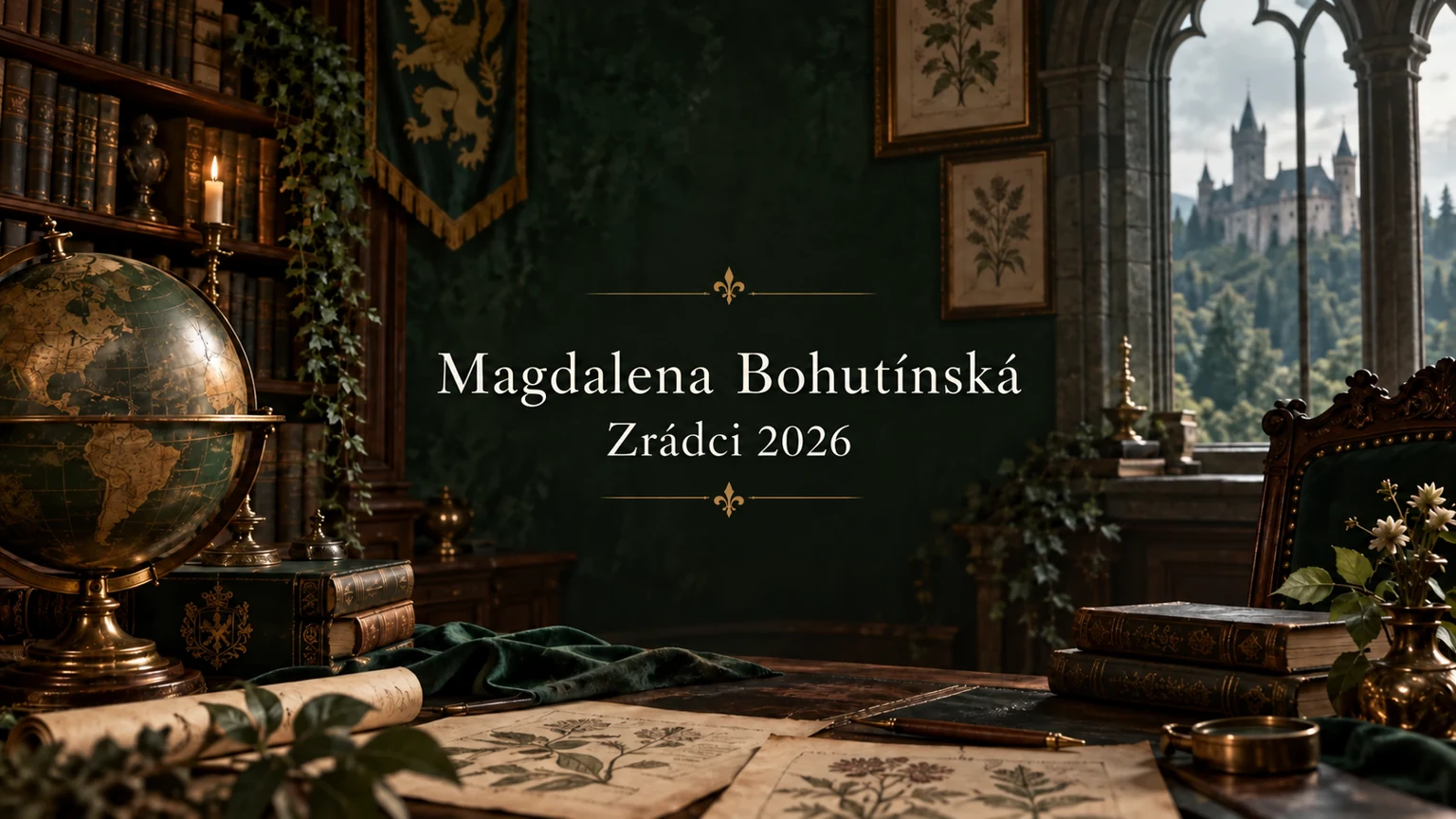AI ilustrace hradního prostředí se jménem Magdalena Bohutínská a nápisem Zrádci 2026