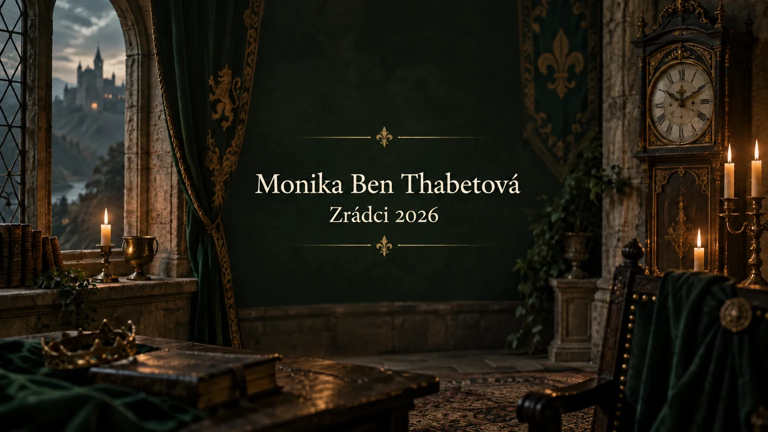 AI ilustrace hradního prostředí se jménem Monika Ben Thabetová a nápisem Zrádci 2026