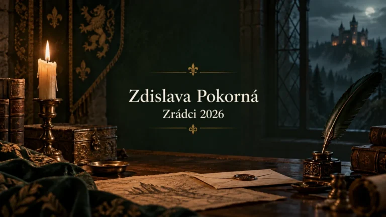 AI ilustrace hradního prostředí se jménem Zdislava Pokorná a nápisem Zrádci 2026