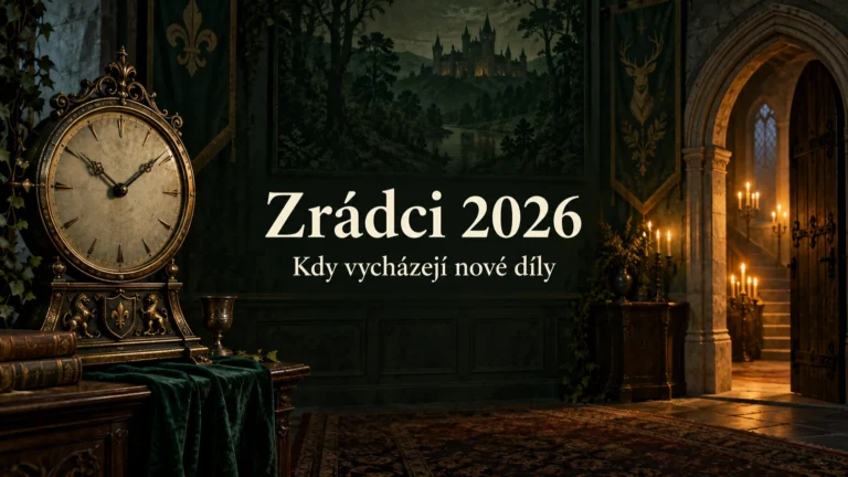 AI ilustrace hradního interiéru s hodinami a nápisem Zrádci 2026: Kdy vycházejí nové díly
