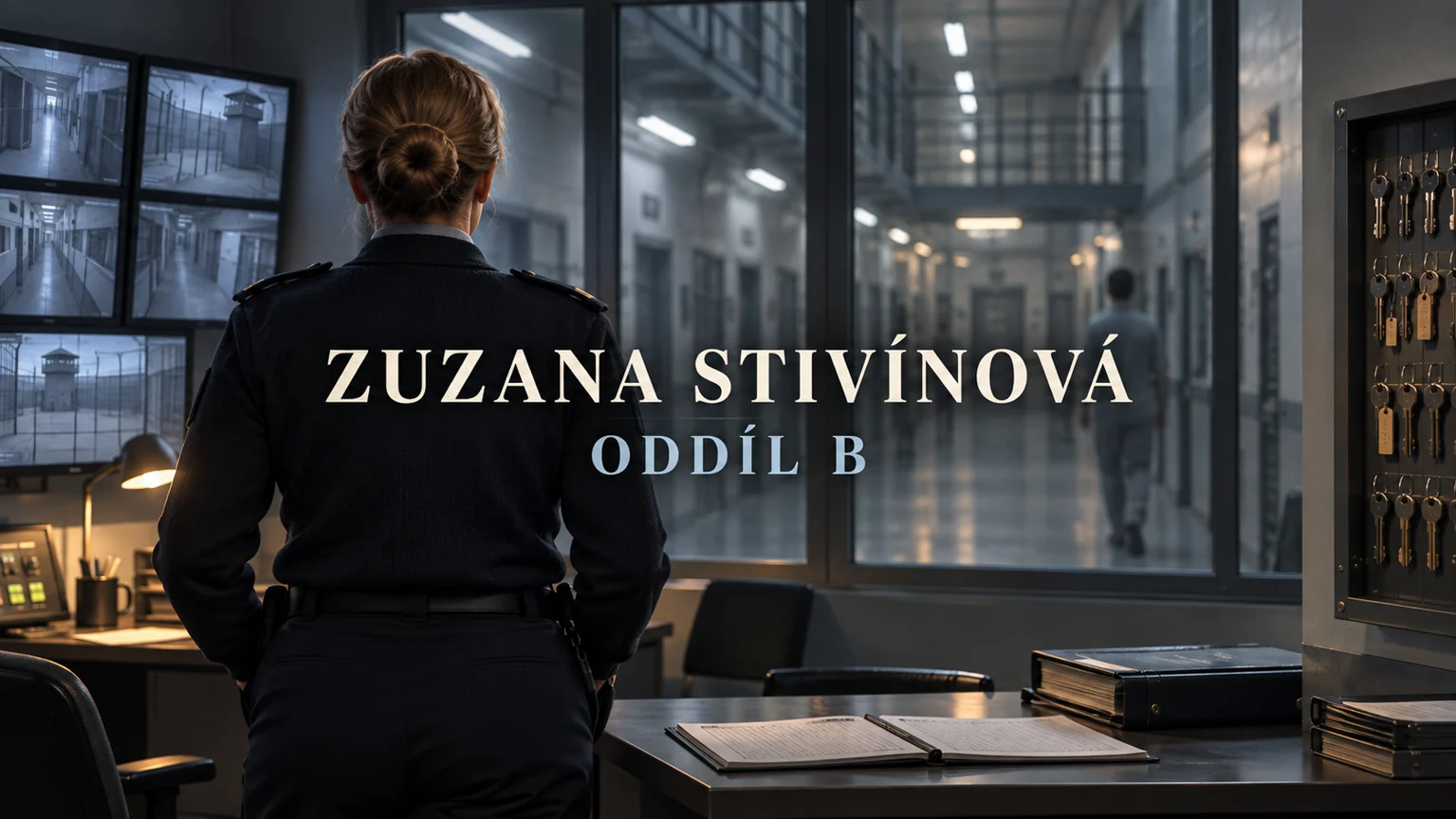 AI ilustrace anonymní postavy v řídicí místnosti věznice s vystředěnými titulky Zuzana Stivínová a Oddíl B; nejde o podobu herečky