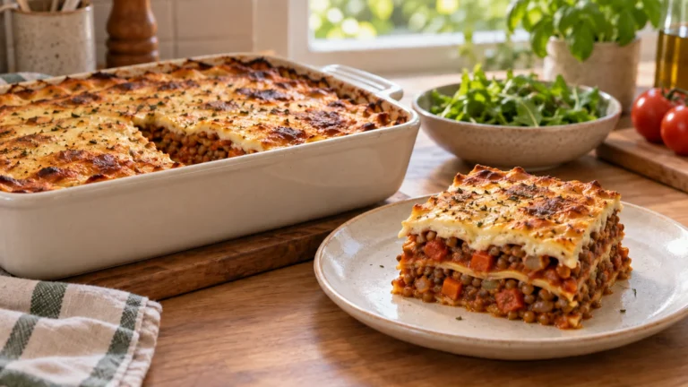 Veganské lasagne s čočkovou náplní a rostlinným bešamelem, AI ilustrace