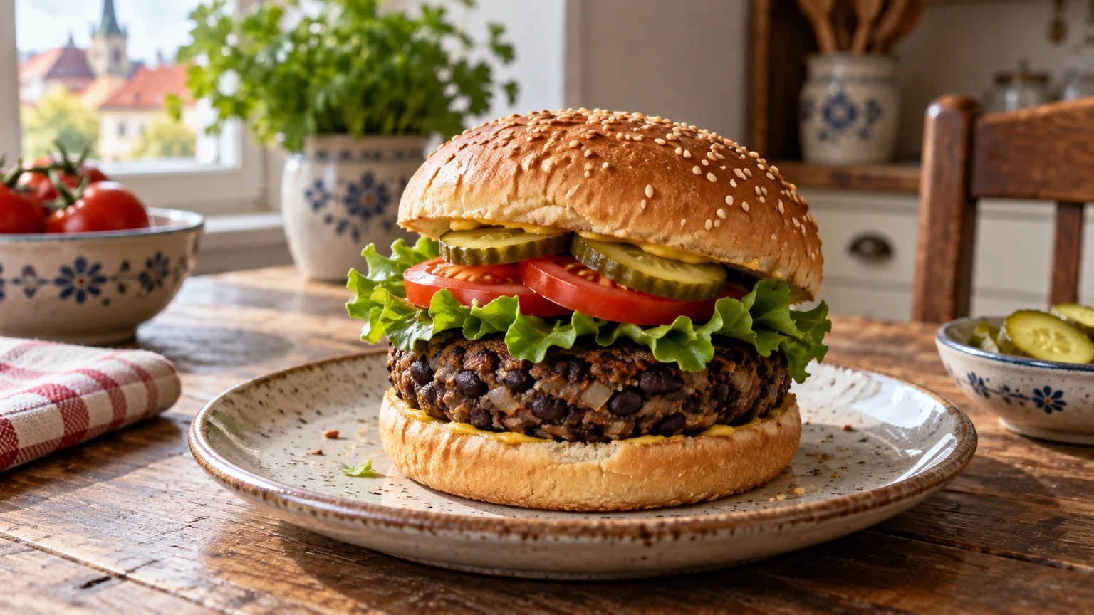 Veganský fazolový burger se zeleninou v sezamové bulce, AI ilustrace