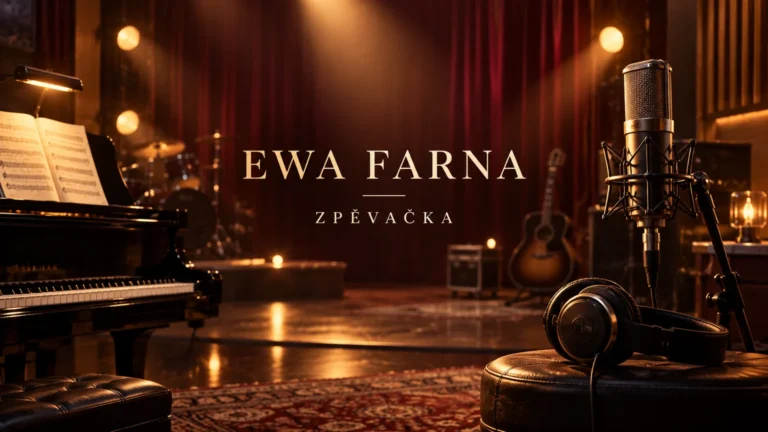 Redakční AI ilustrace prázdného koncertního a nahrávacího studia se jménem Ewa Farna; bez vyobrazení skutečné osoby