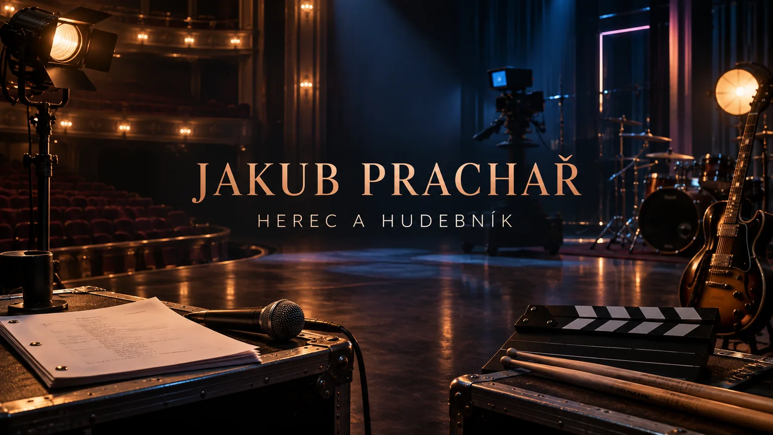 Redakční AI ilustrace prázdného filmového a hudebního studia se jménem Jakub Prachař; bez vyobrazení skutečné osoby